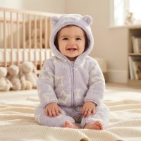 GAX30: Baby Girls Stars Print Cotton lined Hooded All In one (0-24 Months)